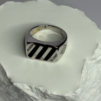 925 Sterling Silver Black Enamel & CZ Men'S Ring Size 11
