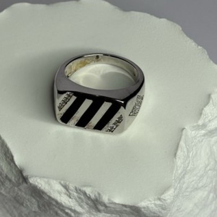 925 Sterling Silver Black Enamel & CZ Men'S Ring Size 11
