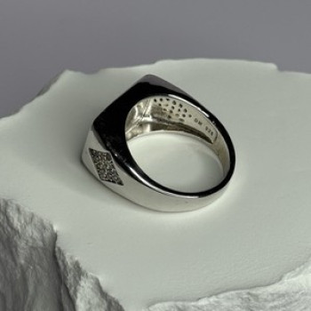 925 Sterling Silver Black Enamel & CZ Men'S Ring Size 11