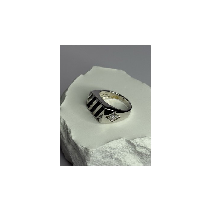 925 Sterling Silver Black Enamel & CZ Men's Ring Size 11