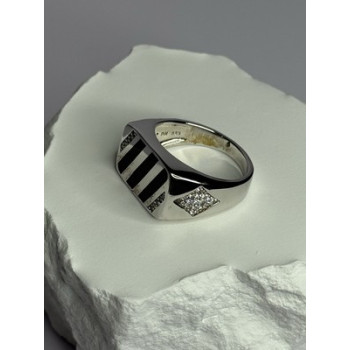 925 Sterling Silver Black Enamel & CZ Men's Ring Size 11