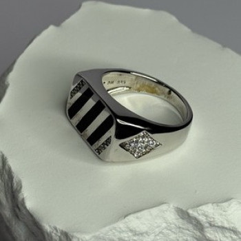 925 Sterling Silver Black Enamel & CZ Men'S Ring Size 11