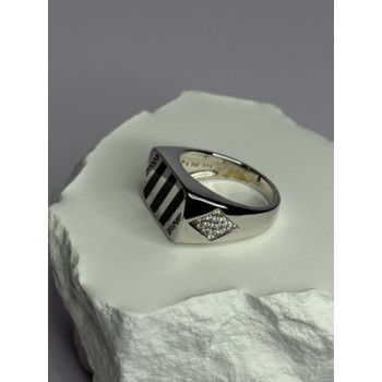 925 Sterling Silver Black Enamel & CZ Men's Ring Size 11
