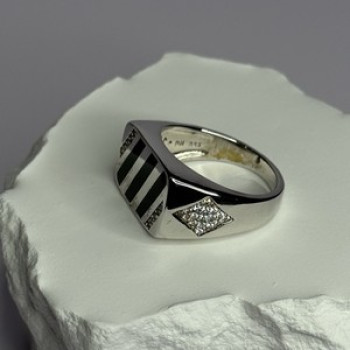 925 Sterling Silver Black Enamel & CZ Men'S Ring Size 11