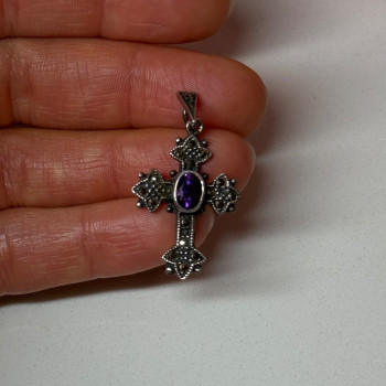925 Sterling Silver Amethyst & Marcasite Cross Length 1.3 In