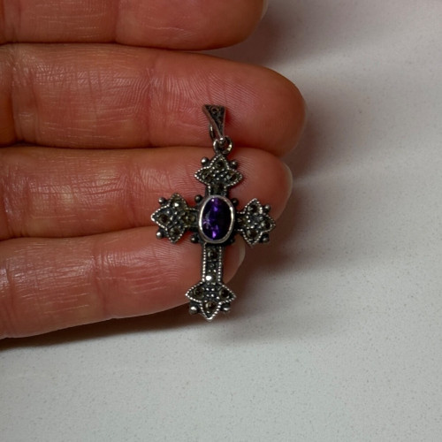 925 Sterling Silver Amethyst & Marcasite Cross Length 1.3 In