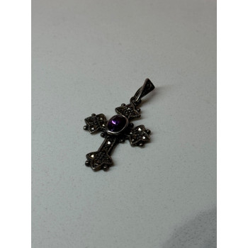 925 Sterling Silver Amethyst & Marcasite Cross Length 1.3 In