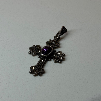 925 Sterling Silver Amethyst & Marcasite Cross Length 1.3 In
