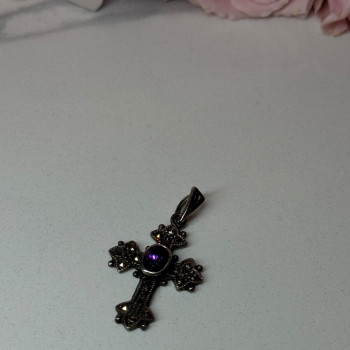 925 Sterling Silver Amethyst & Marcasite Cross Length 1.3 In
