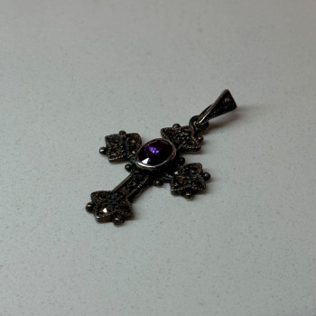 925 Sterling Silver Amethyst & Marcasite Cross Length 1.3 In