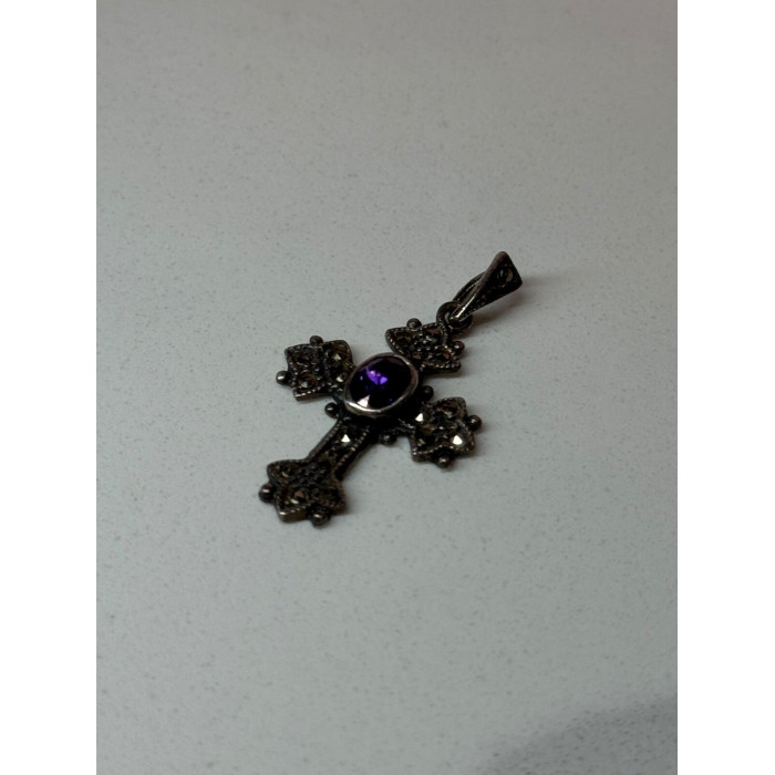 925 Sterling Silver Amethyst & Marcasite Cross Length 1.3 In