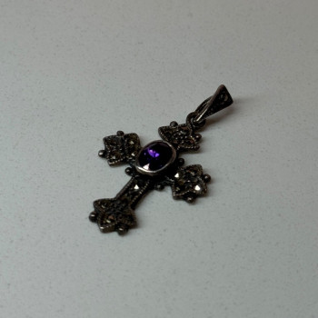 925 Sterling Silver Amethyst & Marcasite Cross Length 1.3 In