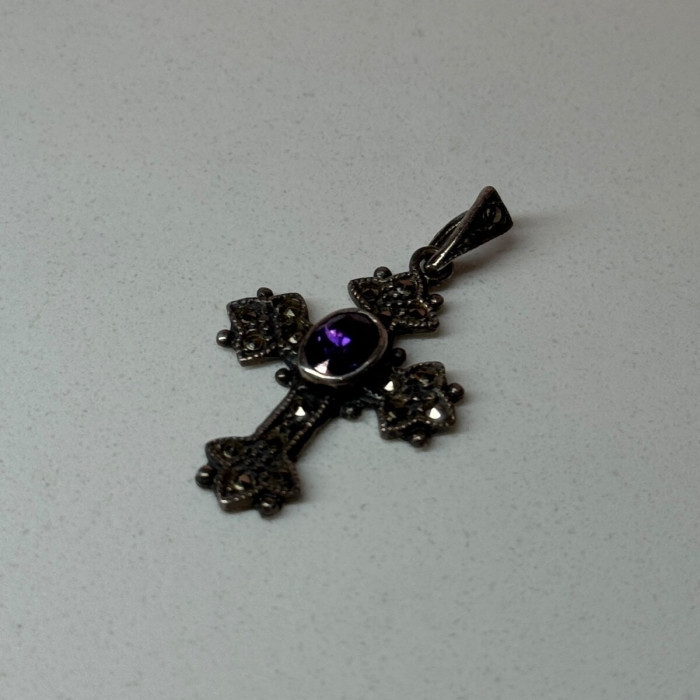 925 Sterling Silver Amethyst & Marcasite Cross Length 1.3 In