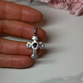 925 Sterling Silver Amethyst & Marcasite Cross Length 1.3 In