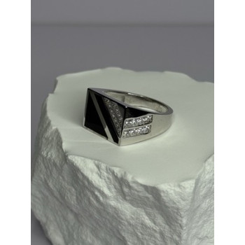 925 Sterling Silver Black Enamel & CZ Men's Ring Size 11