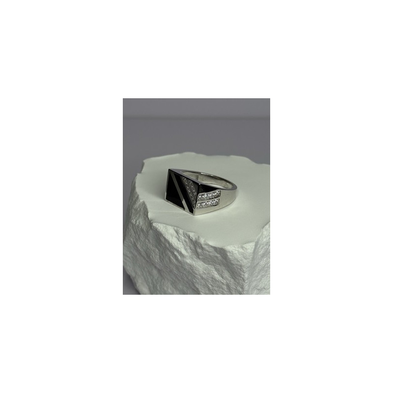 925 Sterling Silver Black Enamel & CZ Men's Ring Size 11