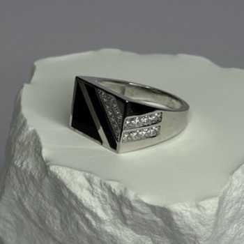 925 Sterling Silver Black Enamel & CZ Men'S Ring Size 11