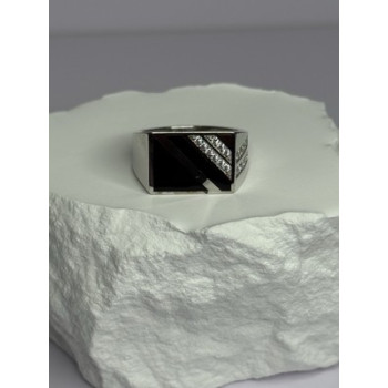 925 Sterling Silver Black Enamel & CZ Men's Ring Size 11
