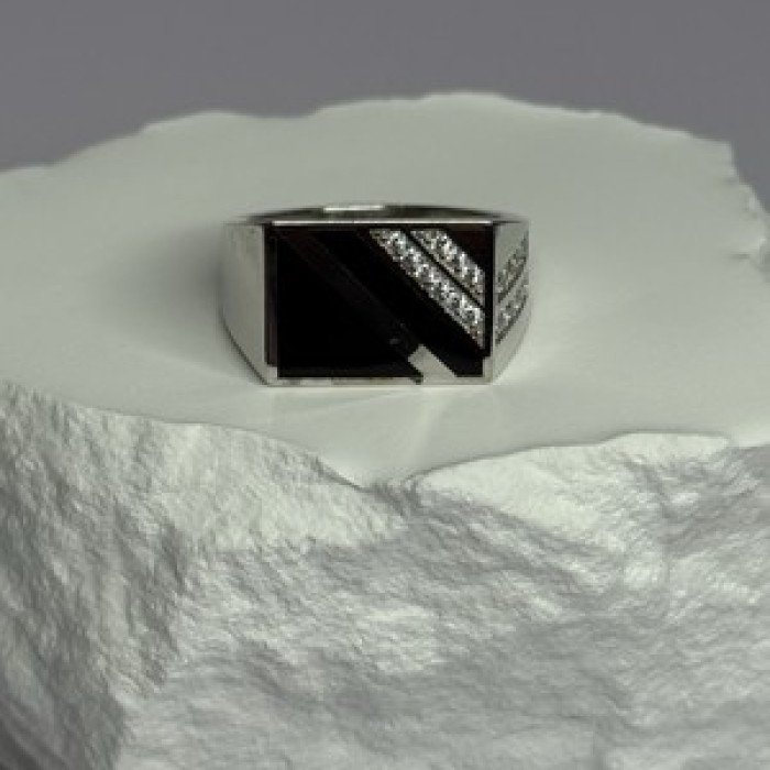 925 Sterling Silver Black Enamel & CZ Men'S Ring Size 11