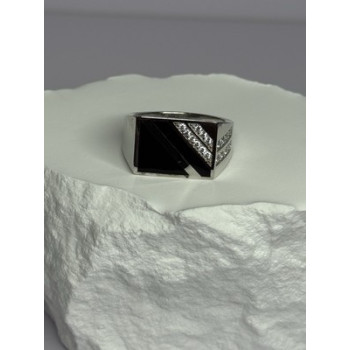 925 Sterling Silver Black Enamel & CZ Men's Ring Size 11