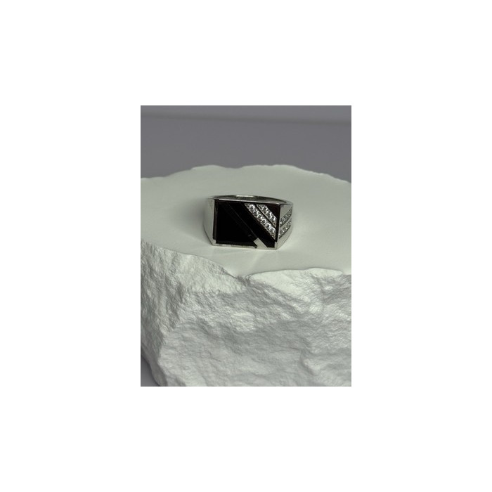 925 Sterling Silver Black Enamel & CZ Men's Ring Size 11
