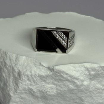 925 Sterling Silver Black Enamel & CZ Men'S Ring Size 11