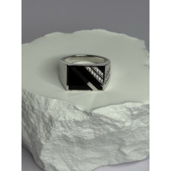 925 Sterling Silver Black Enamel & CZ Men's Ring Size 11