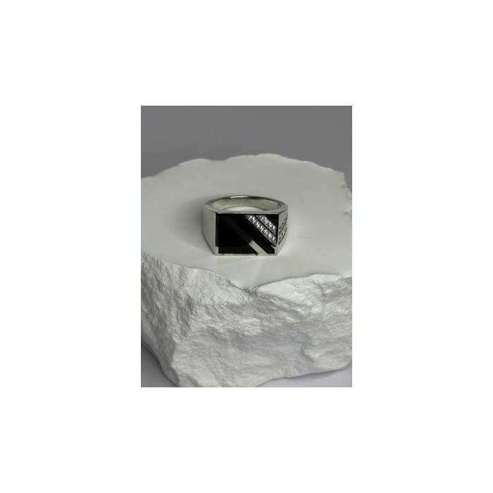 925 Sterling Silver Black Enamel & CZ Men's Ring Size 11