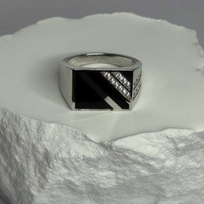 925 Sterling Silver Black Enamel & CZ Men'S Ring Size 11