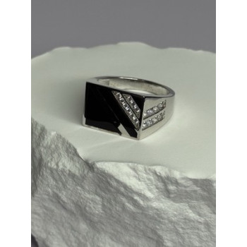 925 Sterling Silver Black Enamel & CZ Men's Ring Size 11