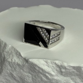 925 Sterling Silver Black Enamel & CZ Men'S Ring Size 11
