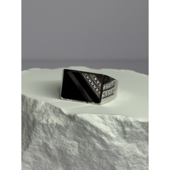 925 Sterling Silver Black Enamel & CZ Men's Ring Size 11