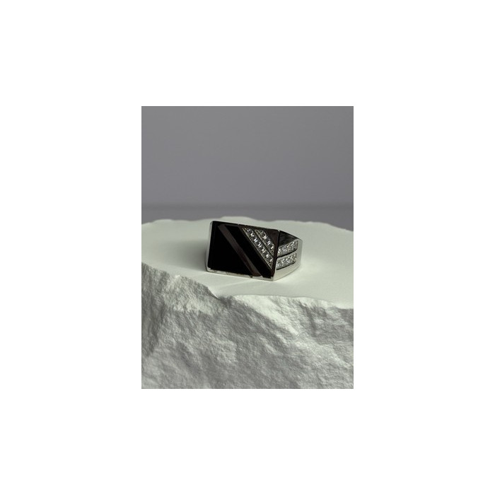 925 Sterling Silver Black Enamel & CZ Men's Ring Size 11