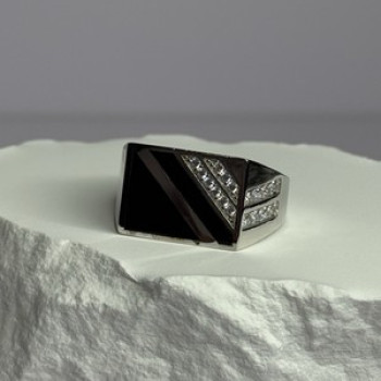 925 Sterling Silver Black Enamel & CZ Men'S Ring Size 11
