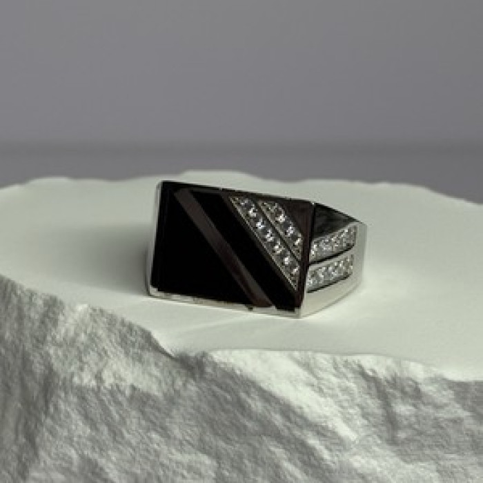 925 Sterling Silver Black Enamel & CZ Men'S Ring Size 11