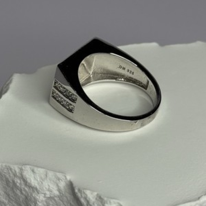 925 Sterling Silver Black Enamel & CZ Men'S Ring Size 11