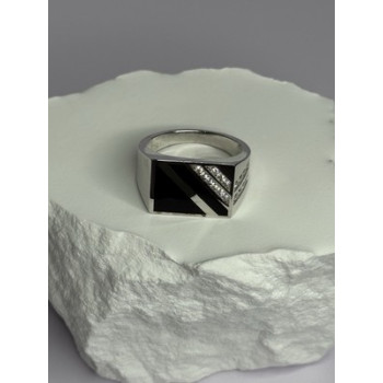 925 Sterling Silver Black Enamel & CZ Men's Ring Size 11