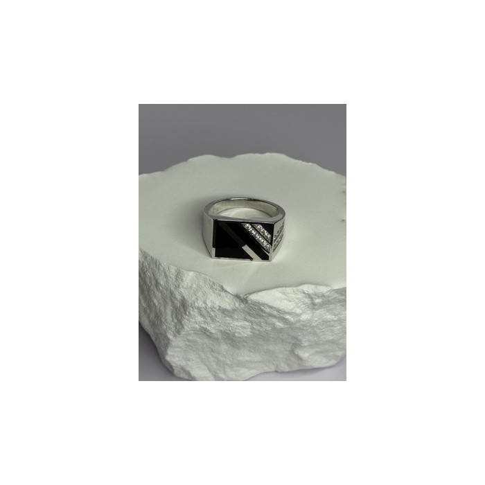 925 Sterling Silver Black Enamel & CZ Men's Ring Size 11