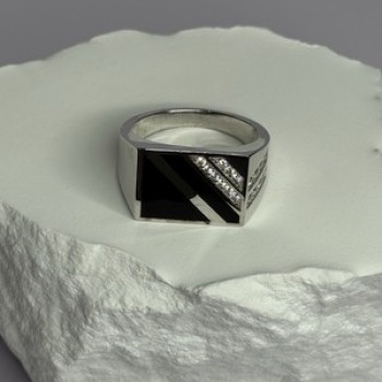 925 Sterling Silver Black Enamel & CZ Men'S Ring Size 11