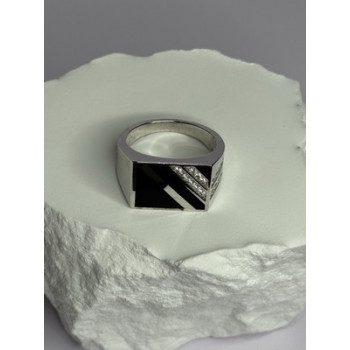 925 Sterling Silver Black Enamel & CZ Men's Ring Size 11
