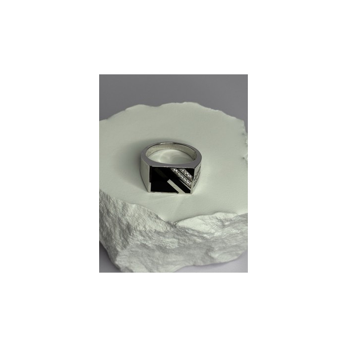 925 Sterling Silver Black Enamel & CZ Men's Ring Size 11
