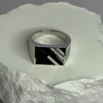 925 Sterling Silver Black Enamel & CZ Men'S Ring Size 11
