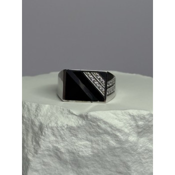 925 Sterling Silver Black Enamel & CZ Men's Ring Size 11