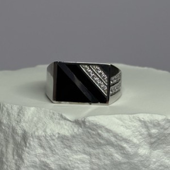925 Sterling Silver Black Enamel & CZ Men'S Ring Size 11