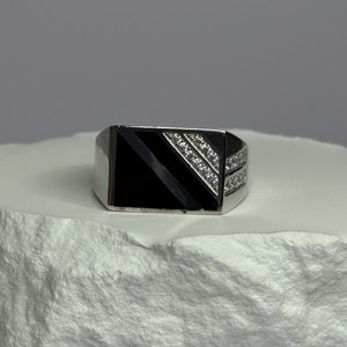 925 Sterling Silver Black Enamel & CZ Men'S Ring Size 11
