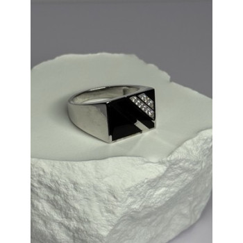 925 Sterling Silver Black Enamel & CZ Men's Ring Size 11