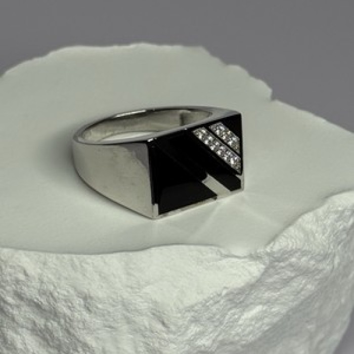 925 Sterling Silver Black Enamel & CZ Men'S Ring Size 11