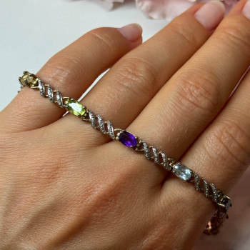925 Sterling Silver Amethyst Topaz Garnet Citrine Peridot Bracelet Length 7.5