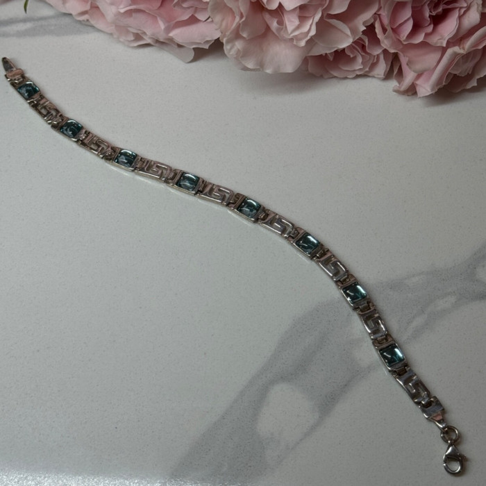 925 Sterling Silver Bracelet Aquamarine Length 7.5 in