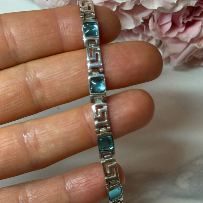 925 Sterling Silver Bracelet Aquamarine Length 7.5 in